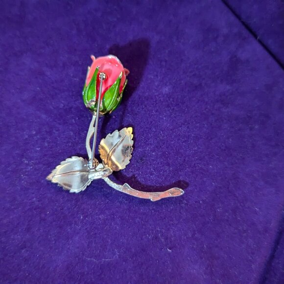 Vintage GIOVANNI Long Stem Enamel Rose Brooch - Picture 3 of 5
